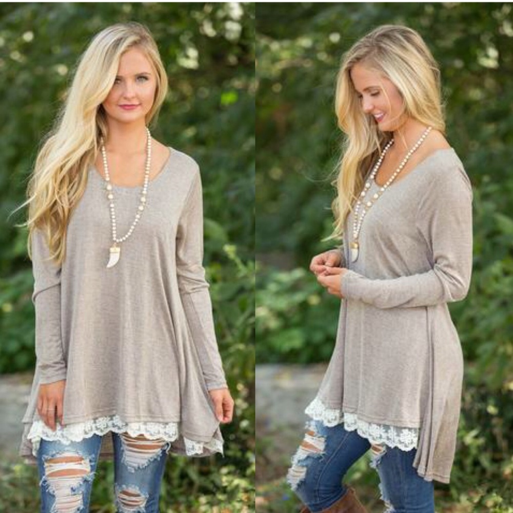 KENZI LACE HEM RUFFLE LONG SLEEVE TUNIC OATMEAL - Picture 2 of 2